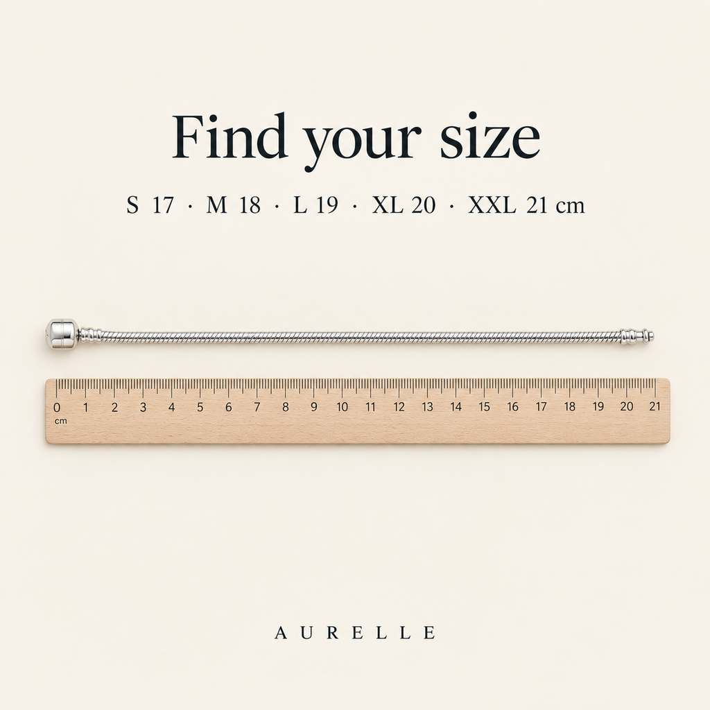 Aurelle bracelet size guide: S 17, M 18, L 19, XL 20, XXL 21 cm