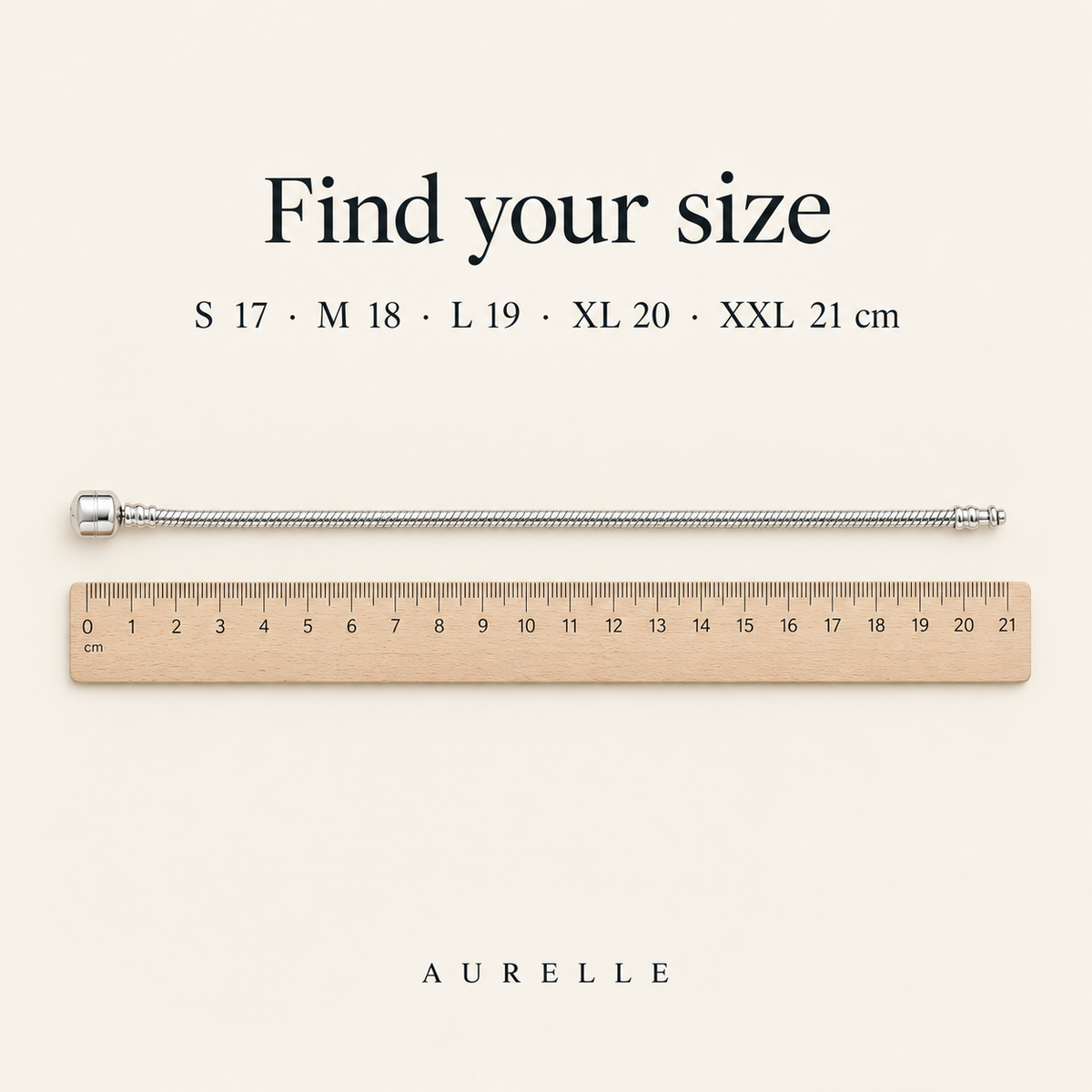 Aurelle bracelet size guide: S 17, M 18, L 19, XL 20, XXL 21 cm